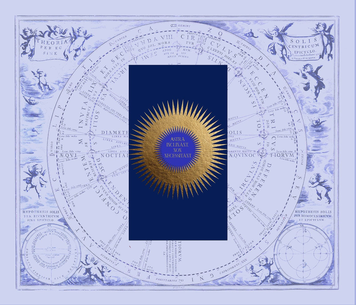 An antique celestial chart of the Sun's theory, with a gilded sun at its centre bearing the motto Astra inclinant, non necessitant.