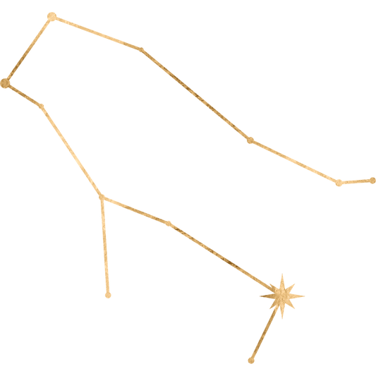 The constellation Gemini drawn in gold foil, with the star Alhena marked at the twin's forward foot.