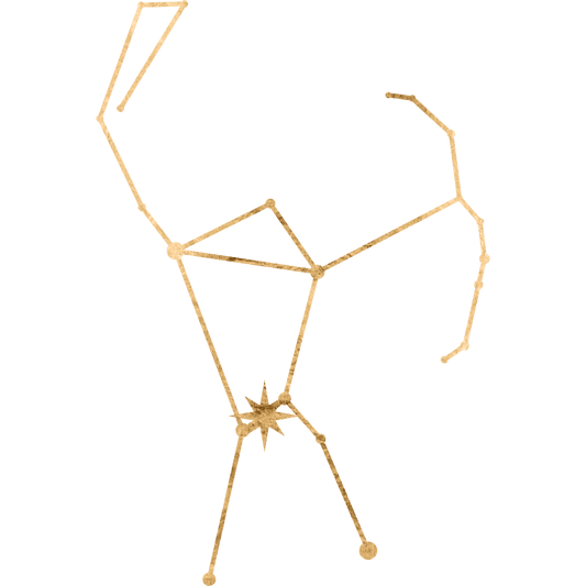 The constellation Orion drawn in gold foil, with the star Alnilam marked at the middle jewel of the belt, the string of pearls.