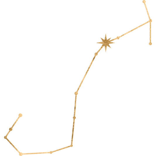 The constellation Scorpius drawn in gold foil, with the star Antares marked at the heart of the Scorpion, the rival of Mars.