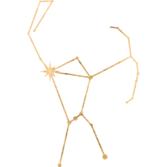 The constellation Orion drawn in gold foil, with the star Betelgeuse marked at the hunter's bright shoulder.