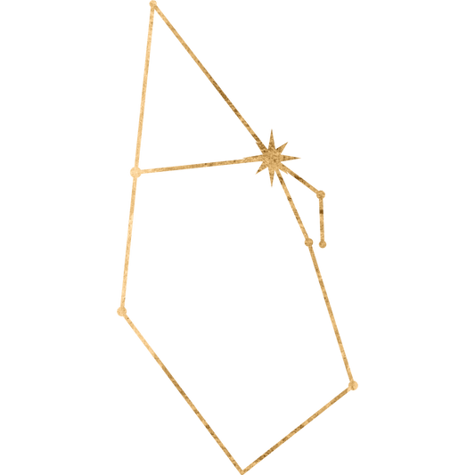 The constellation Auriga drawn in gold foil, with the star Capella marked at the little she-goat who nursed a god.