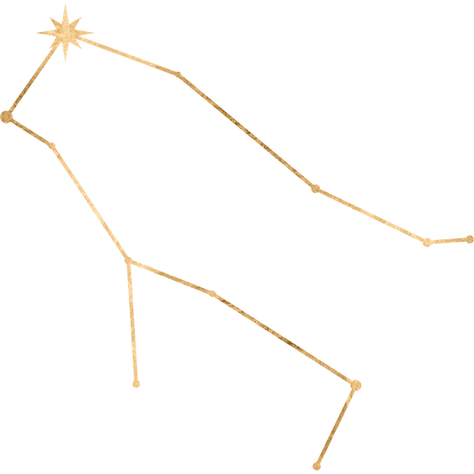 The constellation Gemini drawn in gold foil, with the star Castor marked at the mortal twin.