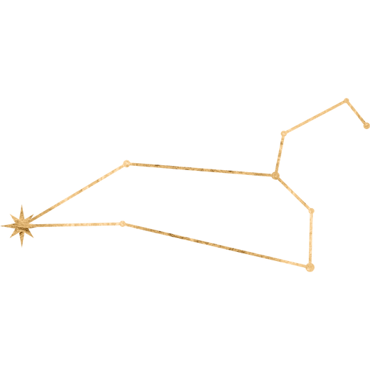 The constellation Leo drawn in gold foil, with the star Denebola marked at the lion's tail.