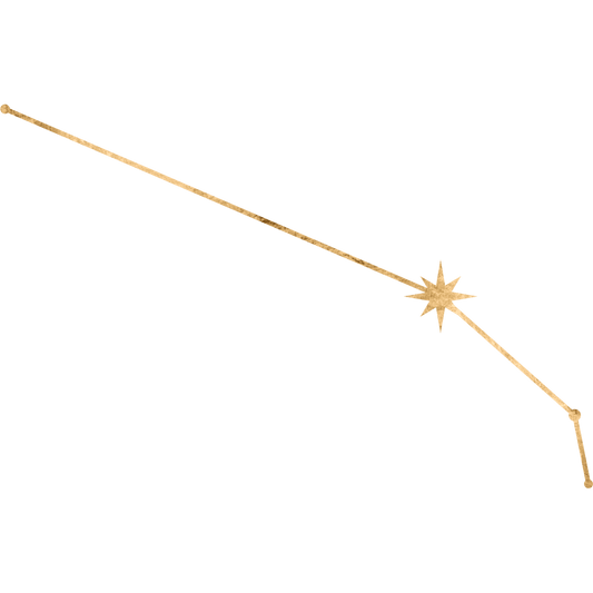 The constellation Aries drawn in gold foil, with the star Hamal marked at the ram's head, the leader's star.