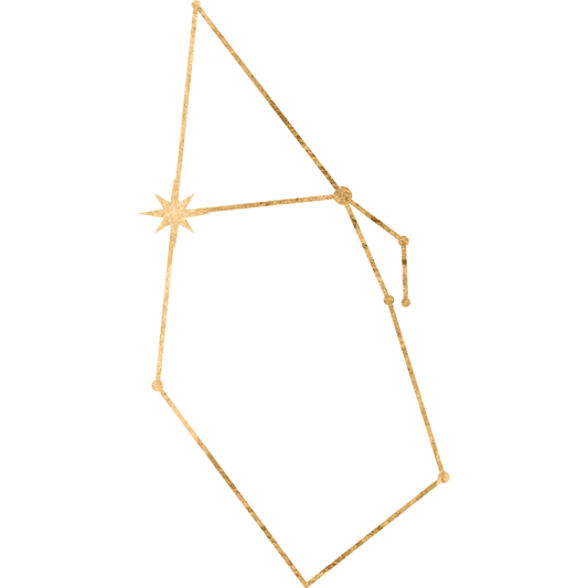 The constellation Auriga drawn in gold foil, with the star Menkalinan marked at the charioteer's shoulder.