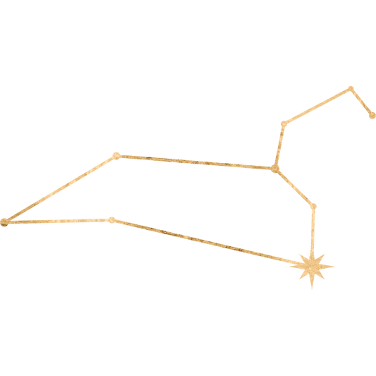 The constellation Leo drawn in gold foil, with the star Regulus marked at the Little King, the heart of the Lion.