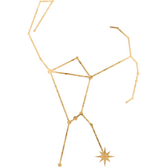 The constellation Orion drawn in gold foil, with the star Rigel marked at the hunter's forward foot.