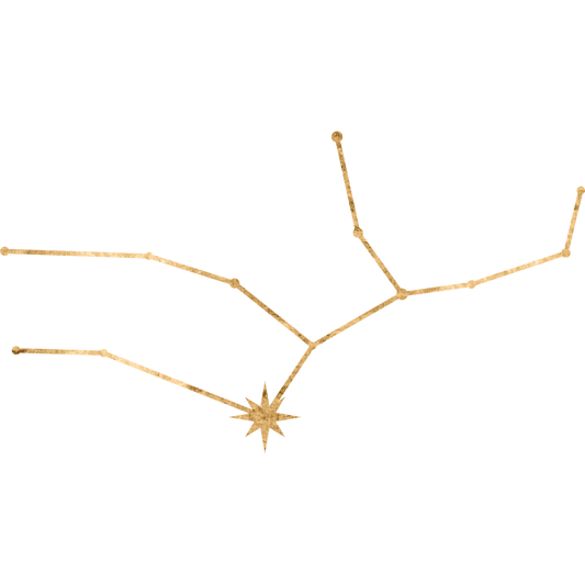 The constellation Virgo drawn in gold foil, with the star Spica marked at the ear of wheat in the Virgin's hand.