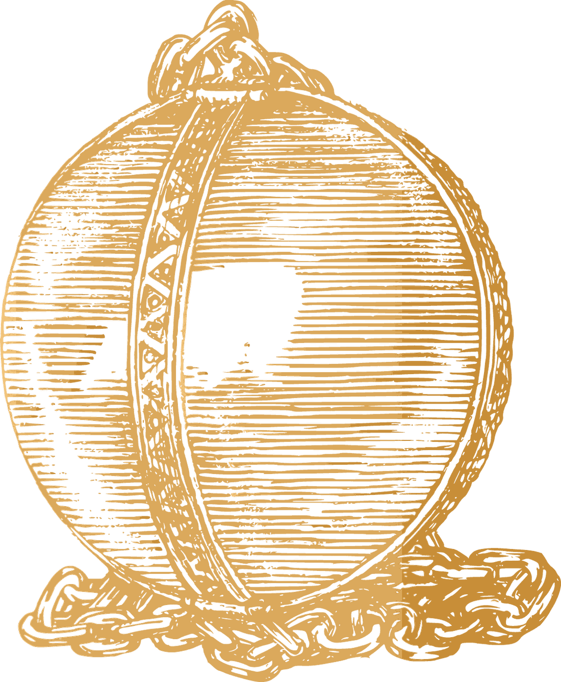 A banded crystal sphere resting on a chain, drawn in gold line engraving.