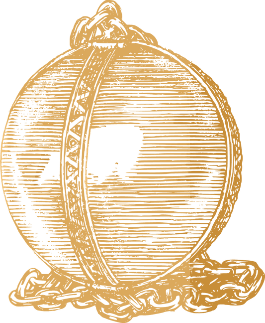 A banded crystal sphere resting on a chain, drawn in gold line engraving.