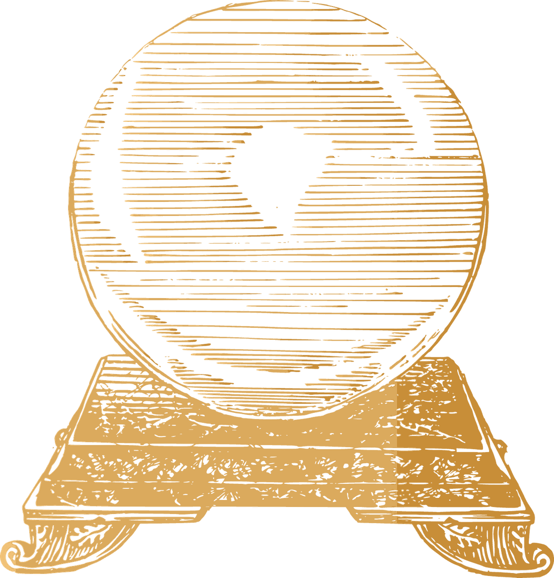 A crystal sphere resting on a carved stand, drawn in gold line engraving.