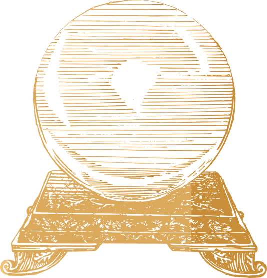 A crystal sphere resting on a carved stand, drawn in gold line engraving.