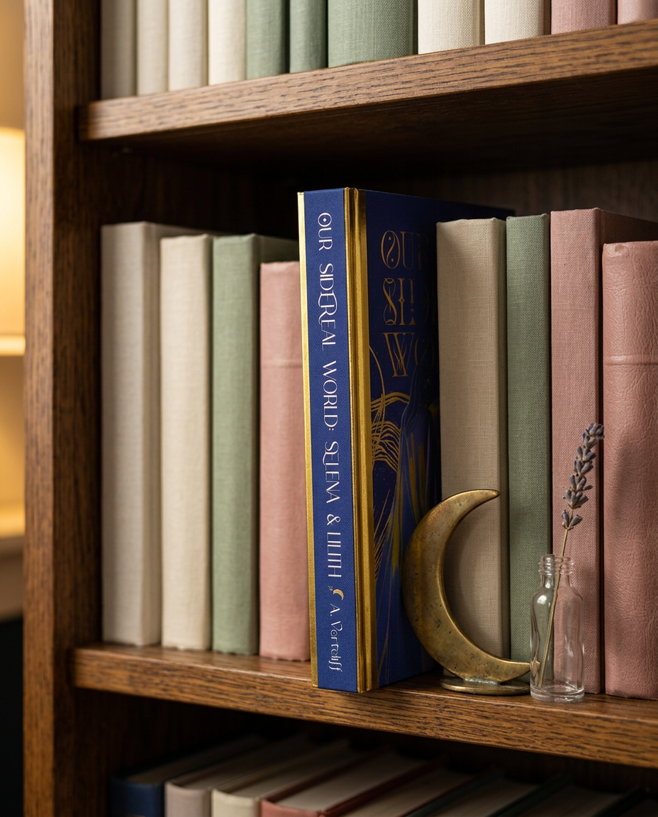 The gold-lettered spine of Our Sidereal World: Selena and Lilith standing on a wooden bookshelf beside a brass crescent-moon bookend.